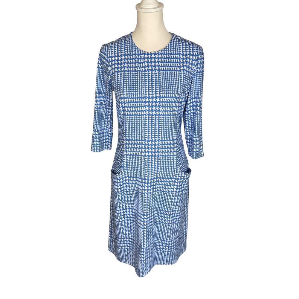 J.McLaughlin Blue White Houndstooth Plaid Sheath Dress 3/4 Sleeve Pockets Size M